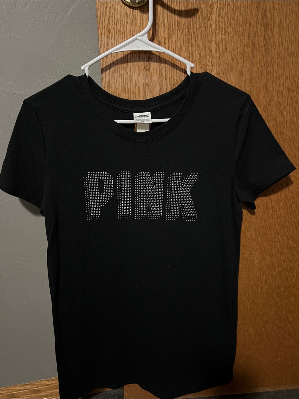 PINK Victoria's Secret Black Tee with Silver Rhinestone Logo